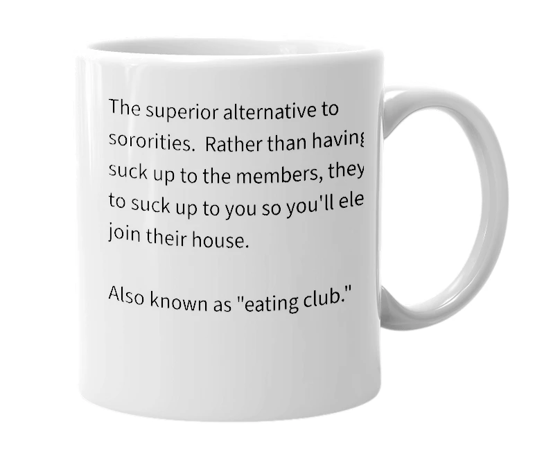 White mug with the definition of 'Eating House'