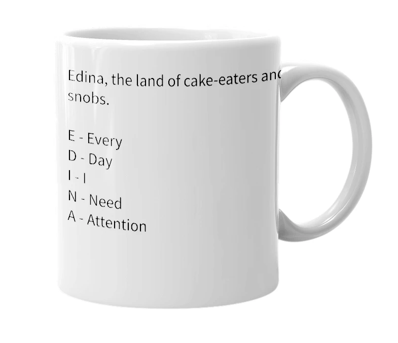 White mug with the definition of 'Edina'