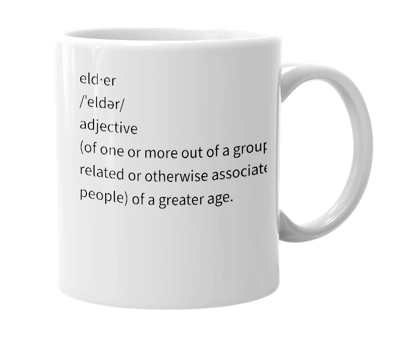 White mug with the definition of 'Elder'