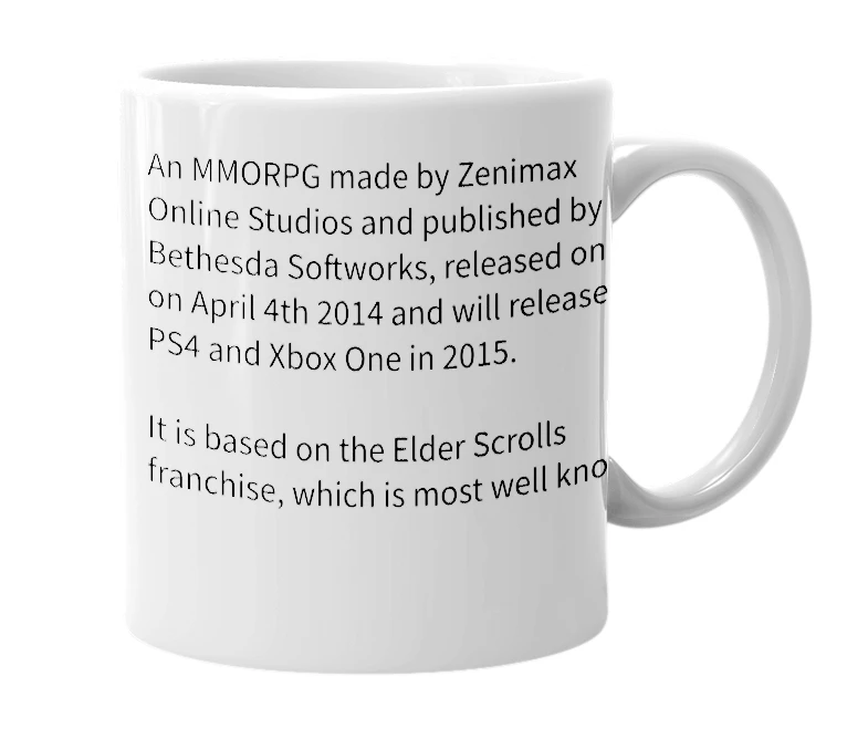 White mug with the definition of 'Elder Scrolls Online'
