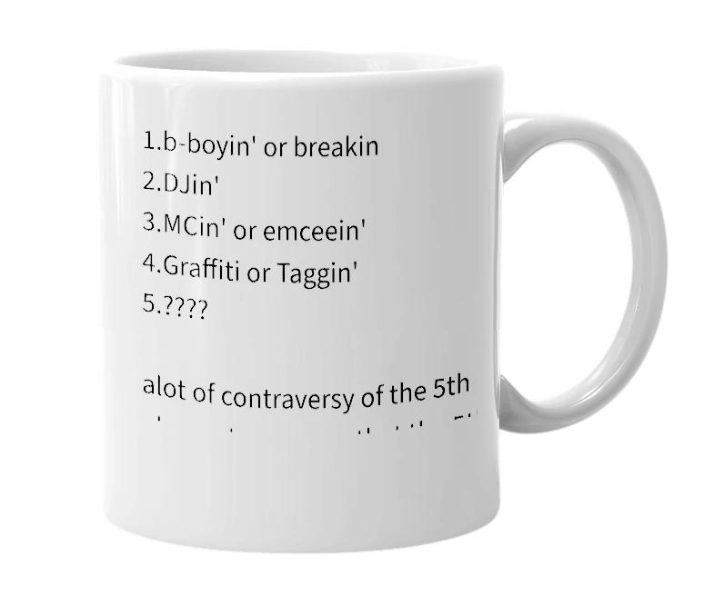 White mug with the definition of 'Elements Of Hip Hop'