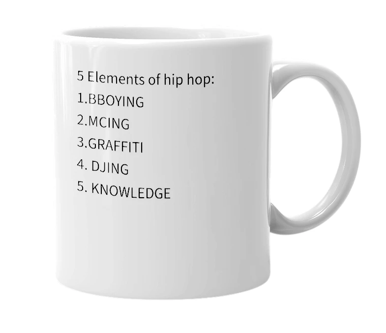 White mug with the definition of 'Elements of Hip hop'