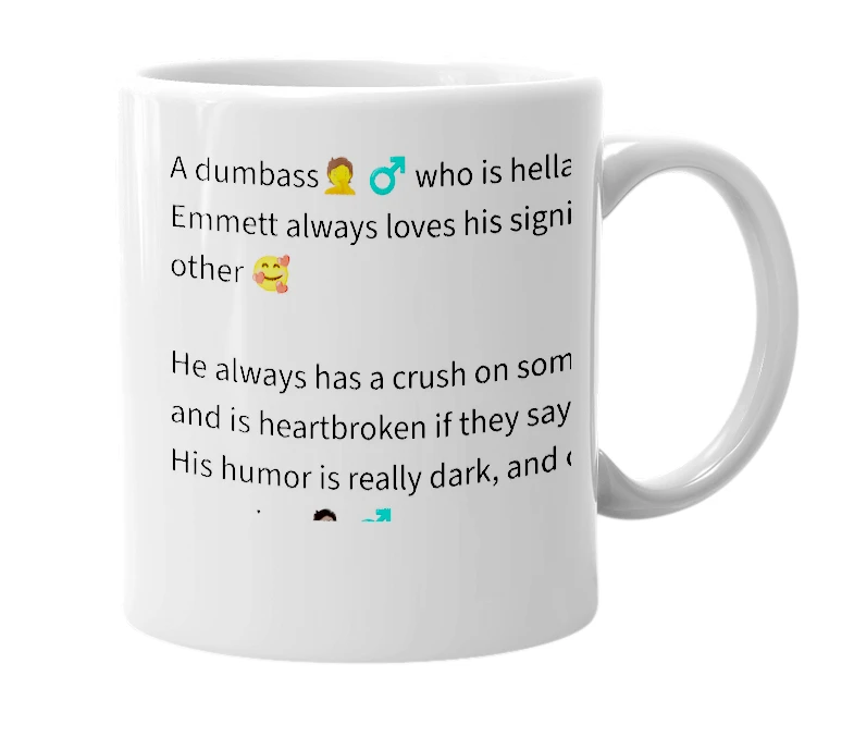 White mug with the definition of 'Emmett'