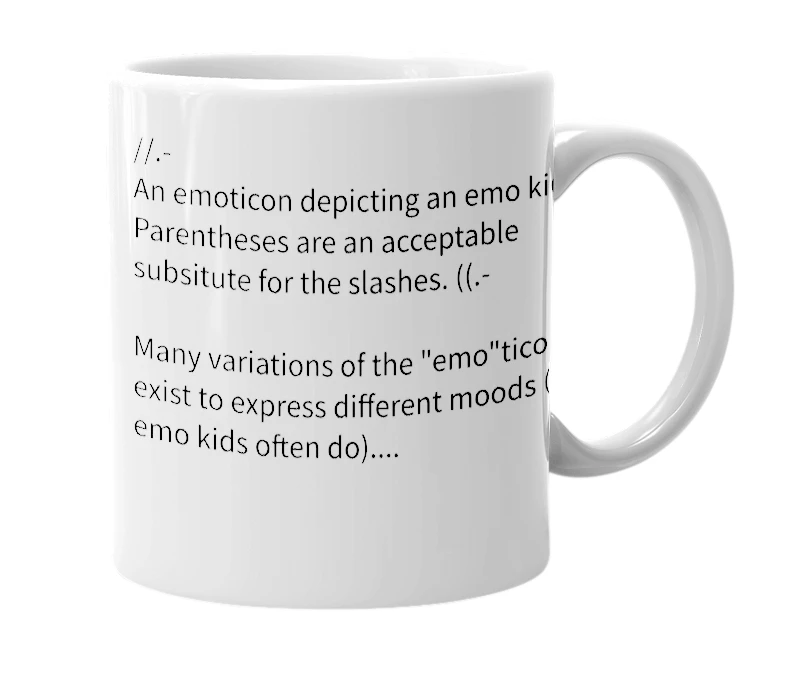 White mug with the definition of 'Emo Emoticons'
