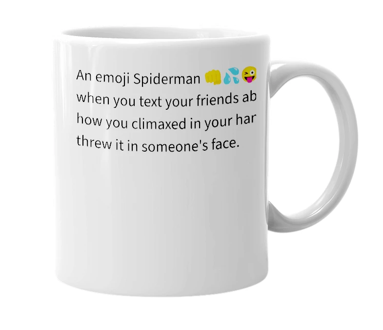 White mug with the definition of 'Emoji Spiderman'