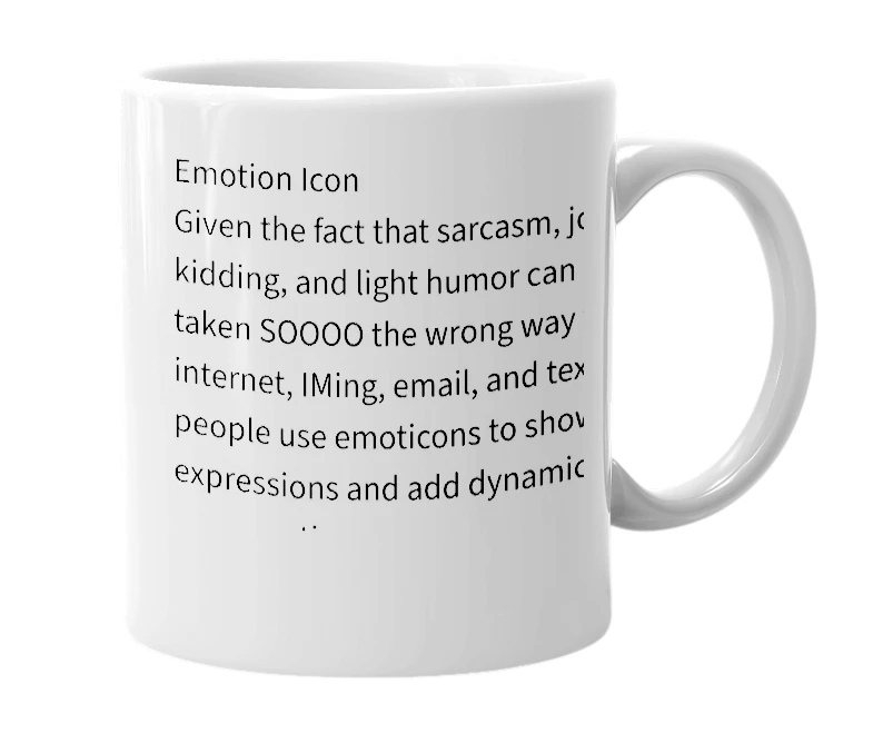 White mug with the definition of 'Emoticon'