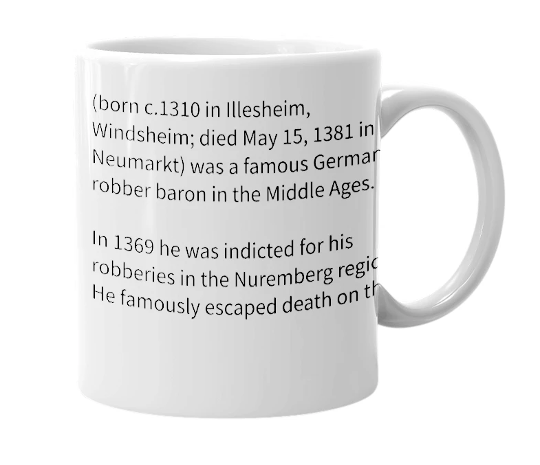 White mug with the definition of 'Eppelein von Gailingen'