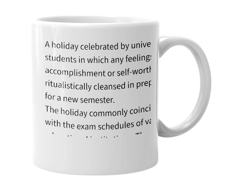 White mug with the definition of 'Examsmas'