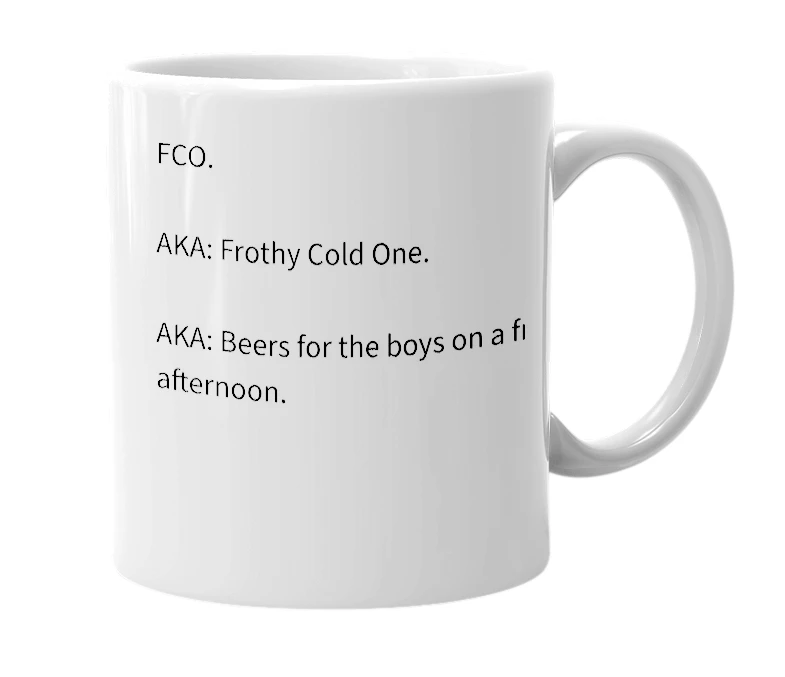 White mug with the definition of 'FCO'