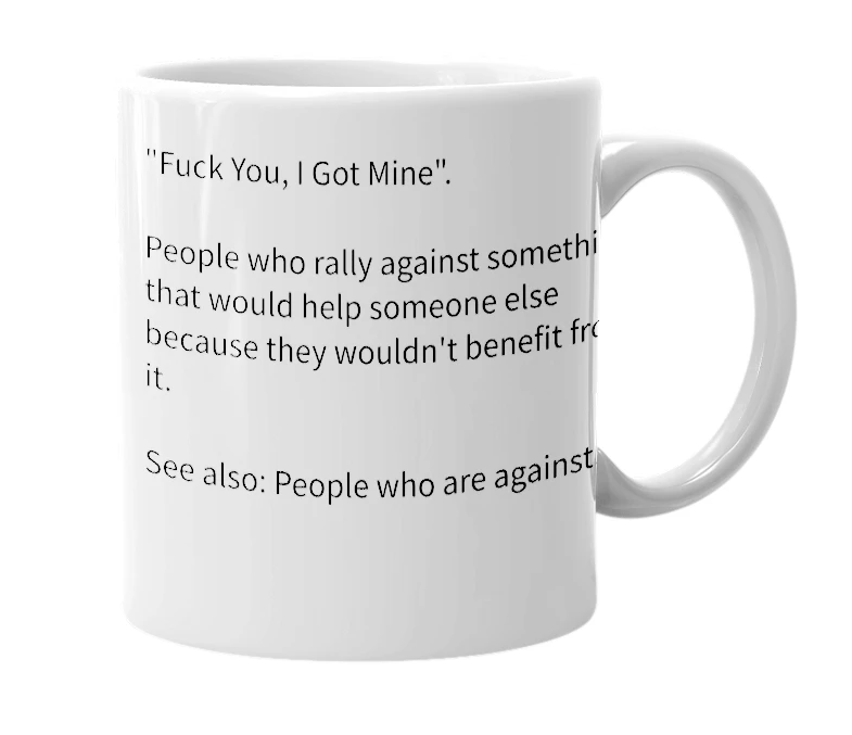 White mug with the definition of 'FYIGM'