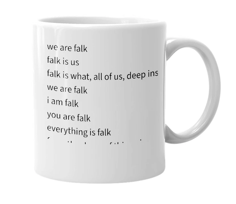 White mug with the definition of 'Falk'