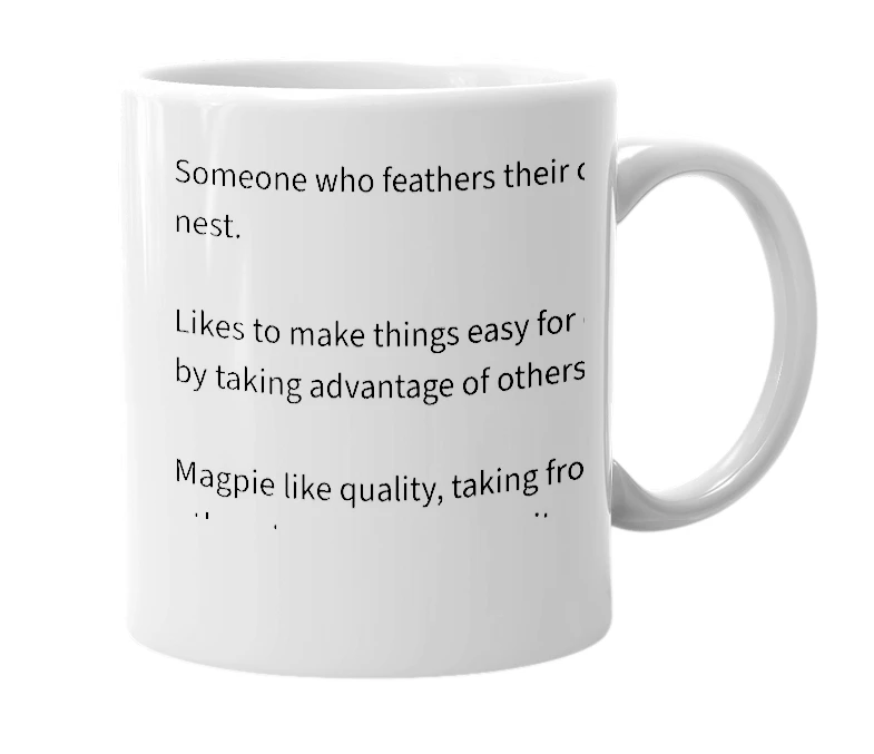 White mug with the definition of 'Feathernest'