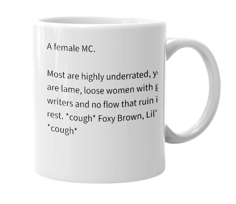 White mug with the definition of 'Femcee'