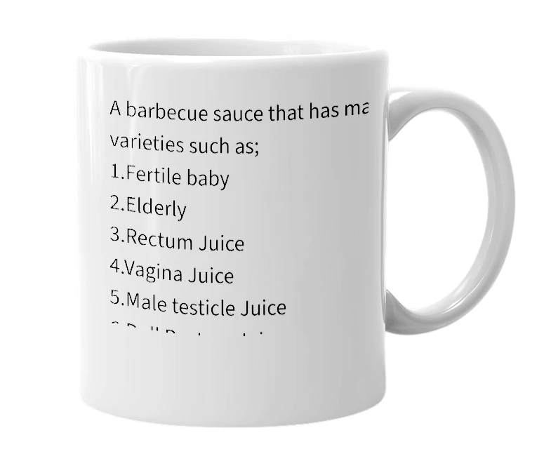 White mug with the definition of 'Fertile Baby Barbecue Sauce'