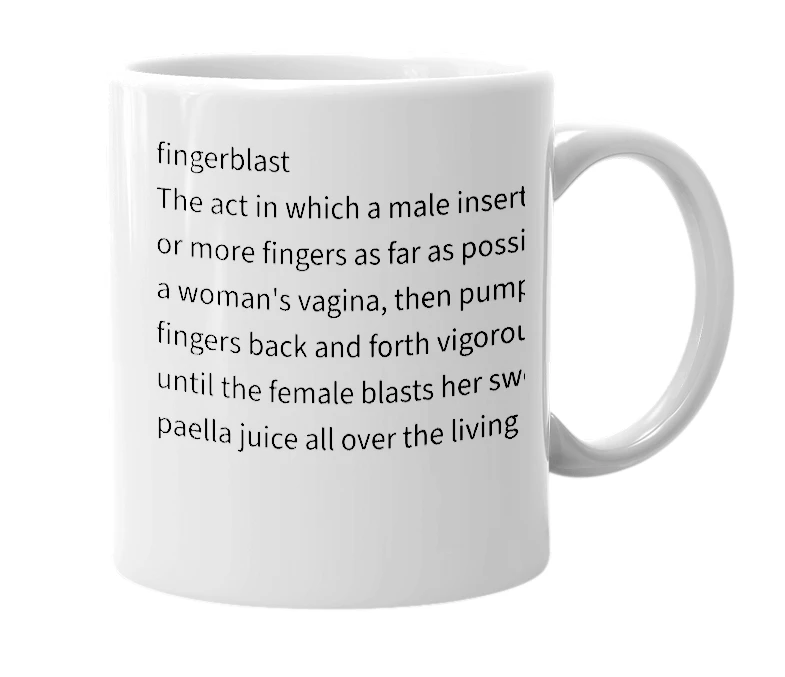 White mug with the definition of 'Fingerblast'