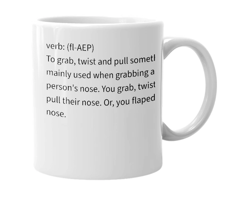 White mug with the definition of 'Flape'