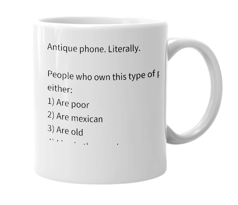 White mug with the definition of 'Flip Phone'