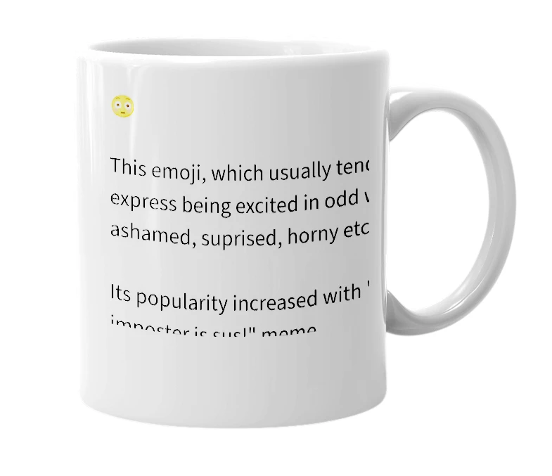 White mug with the definition of 'Flushed emoji'