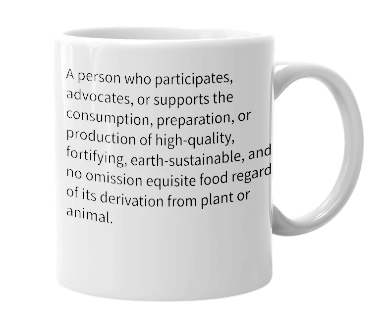 White mug with the definition of 'Foodarian'
