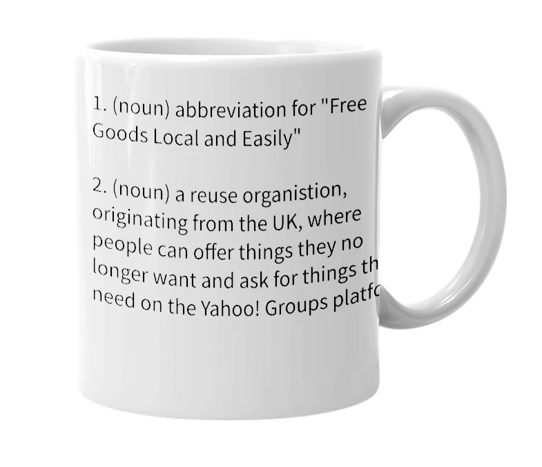 White mug with the definition of 'Freegle'