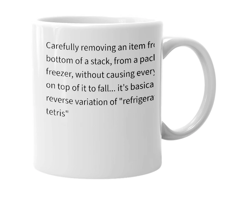 White mug with the definition of 'Freezer Jenga'