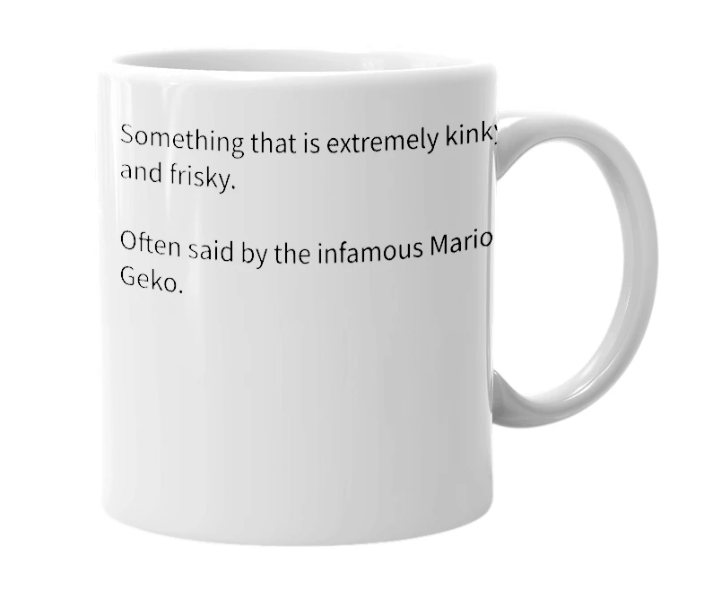 White mug with the definition of 'Frisky dingo business'