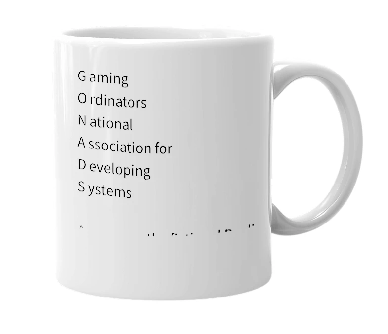 White mug with the definition of 'G.O.N.A.D.S.'