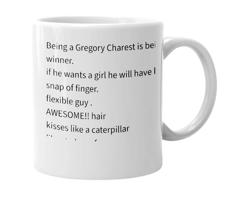 White mug with the definition of 'GREGORY CHAREST'