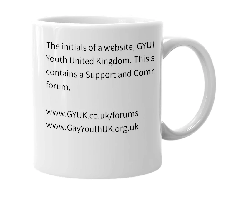 White mug with the definition of 'GYUK'