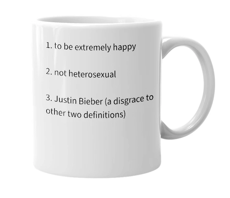 White mug with the definition of 'Gay'