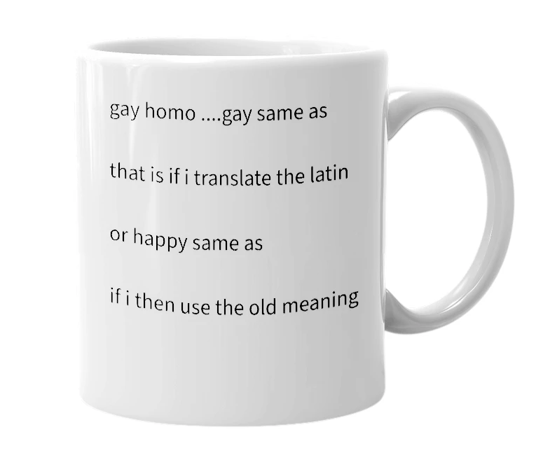 White mug with the definition of 'Gay homo'