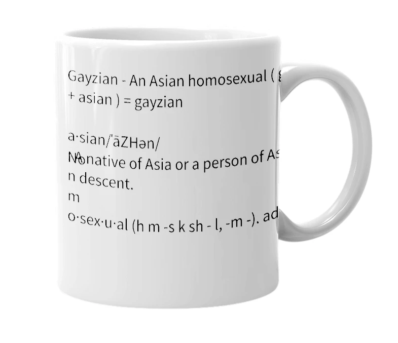 White mug with the definition of 'Gayzian'