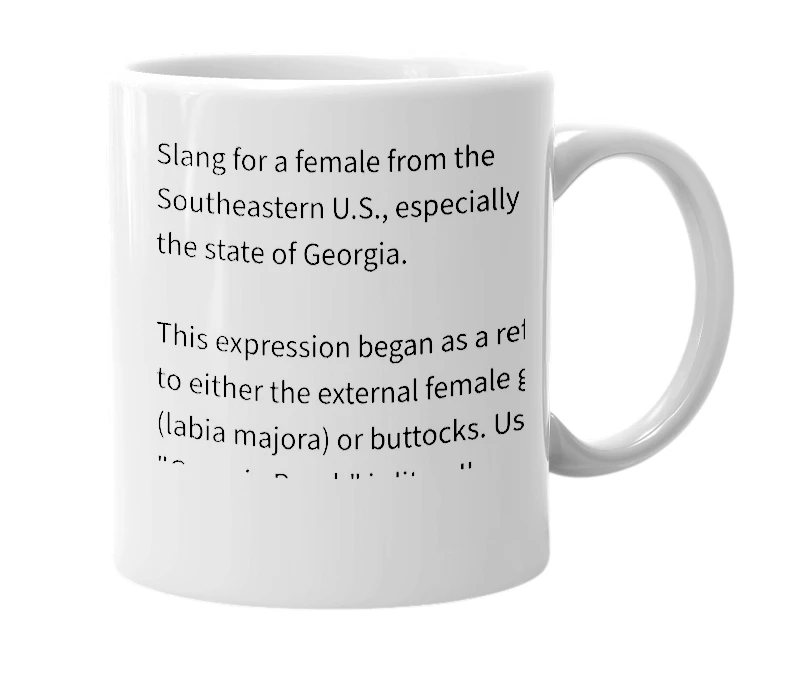 White mug with the definition of 'Georgia Peach'