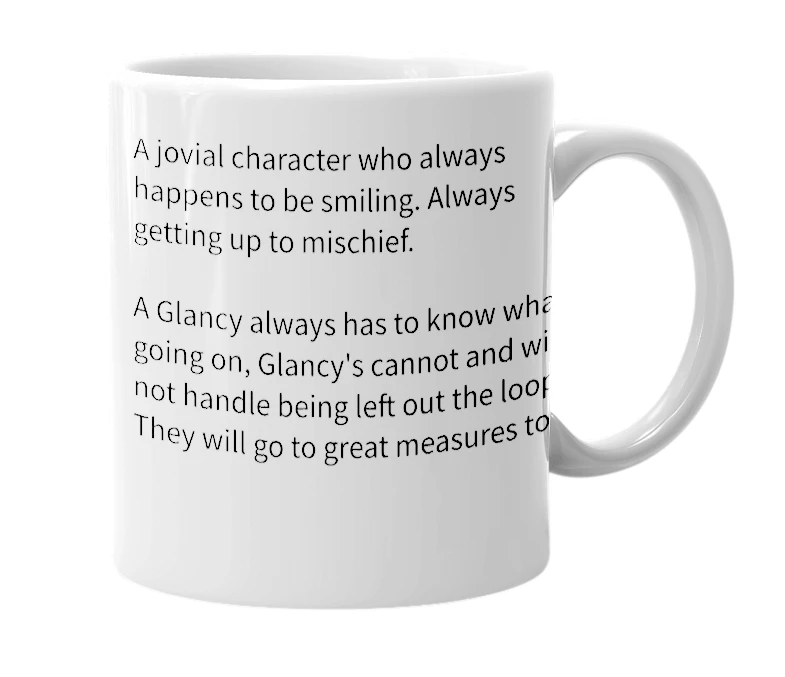 White mug with the definition of 'Glancy'