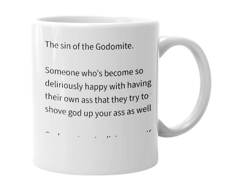 White mug with the definition of 'Godomy'