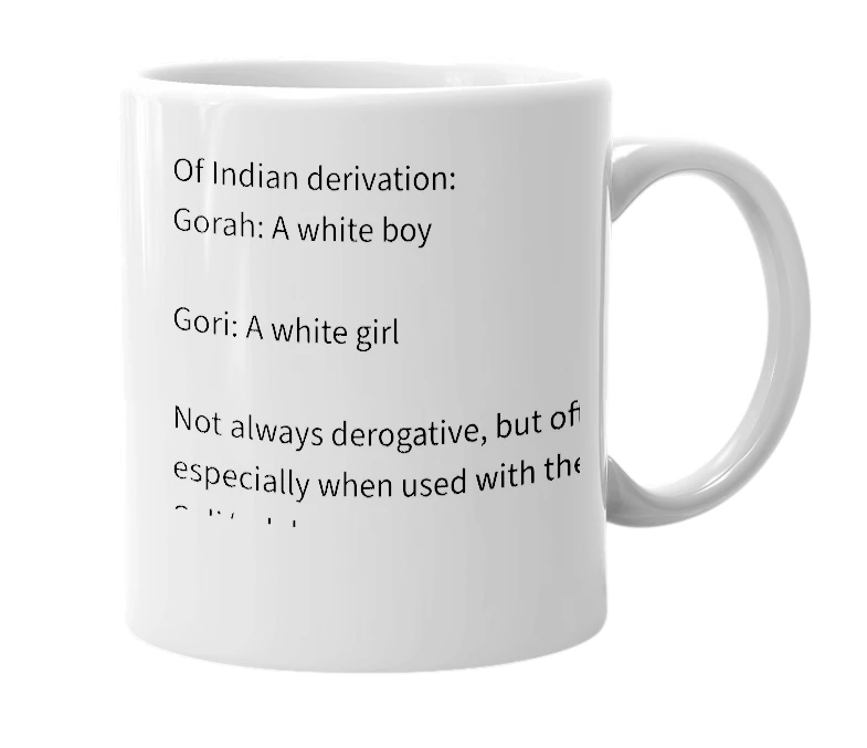 White mug with the definition of 'Gori / Gora'