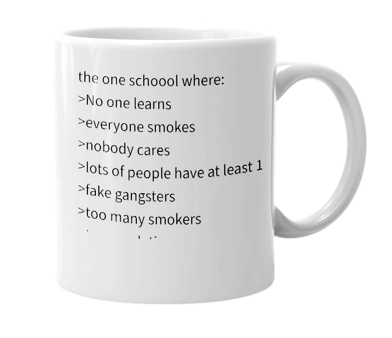 White mug with the definition of 'Greenwich High School'