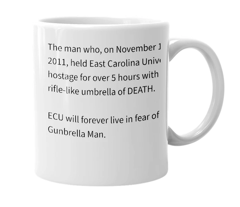 White mug with the definition of 'Gunbrella Man'