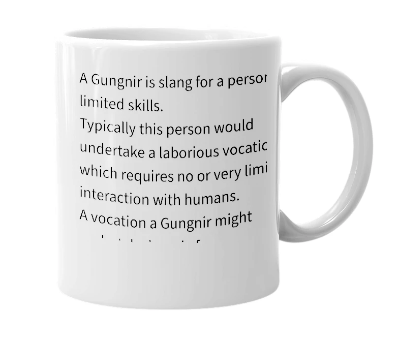 White mug with the definition of 'Gungnir.'