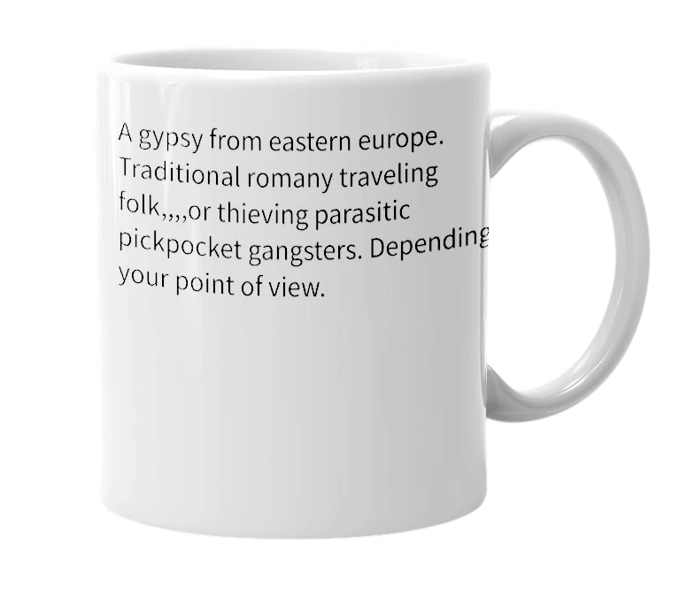 White mug with the definition of 'Gypski'
