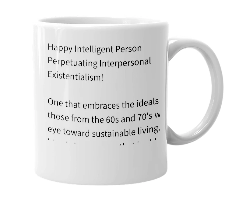 White mug with the definition of 'H.I.P.P.I.E.'