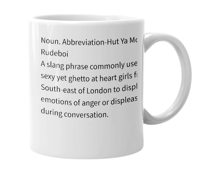 White mug with the definition of 'HYMR'