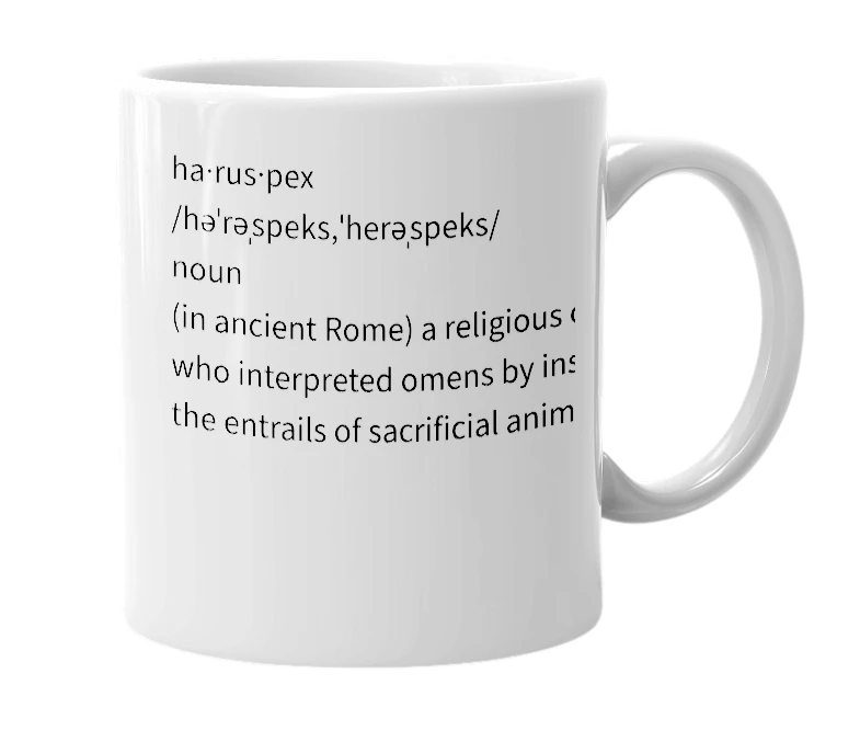 White mug with the definition of 'Haruspex'