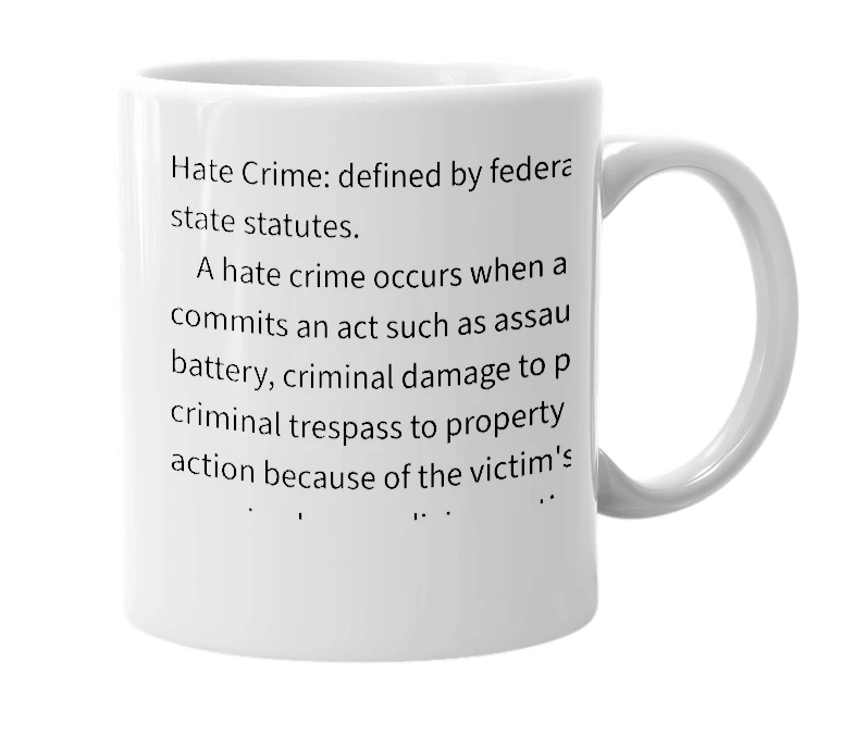 White mug with the definition of 'Hate Crime'