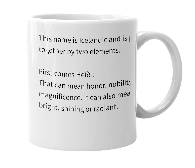 White mug with the definition of 'Heiðdís (Heiddis)'