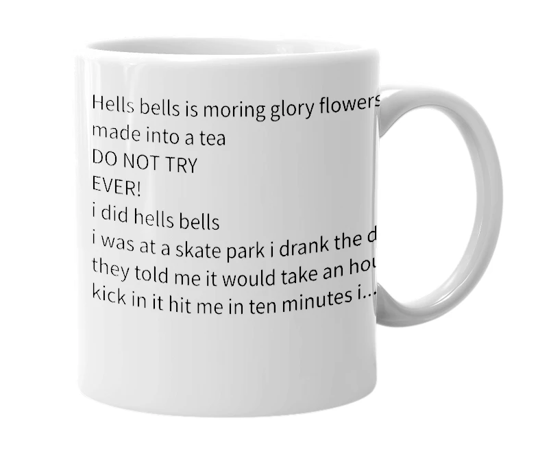White mug with the definition of 'Hells Bells'