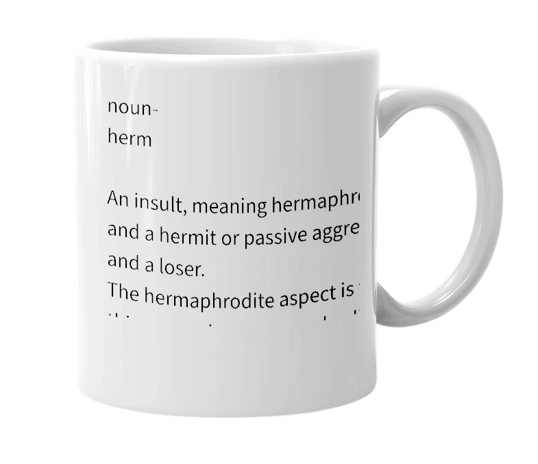 White mug with the definition of 'Herm'