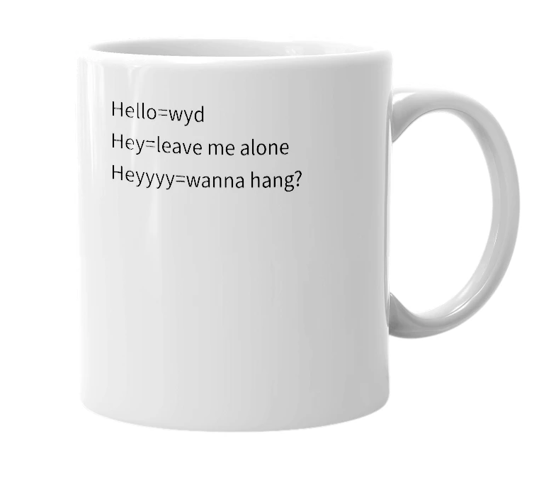 White mug with the definition of 'Heyy'