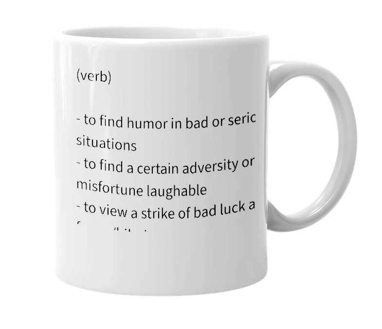 White mug with the definition of 'Hilarize'
