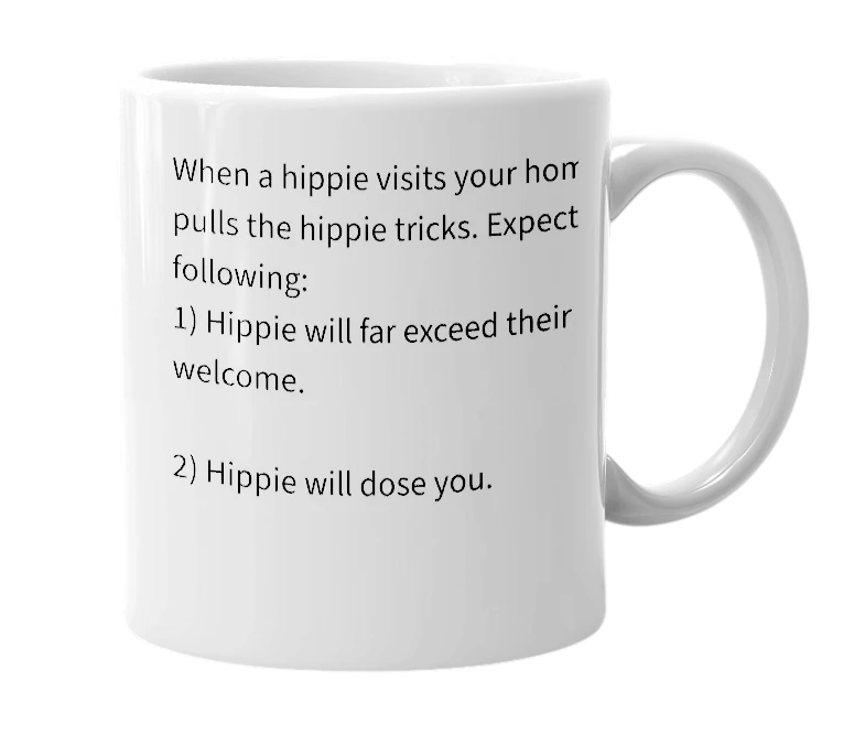 White mug with the definition of 'Hippied'